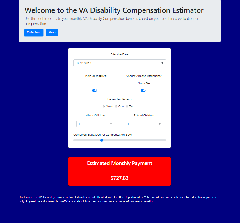 VA Disability Compensation Estimator with estimate