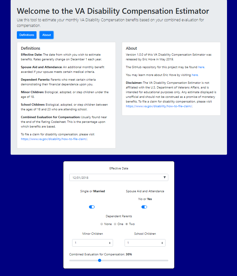 VA Disability Compensation Estimator with Definitions and About buttons expanded